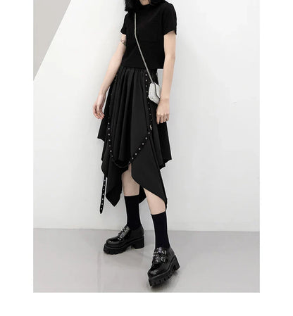 Irregular Skirt Girl's New Dark Tie Street Punk Wind Weave Buckle Medium-length Y2k Gothic Long Skirt