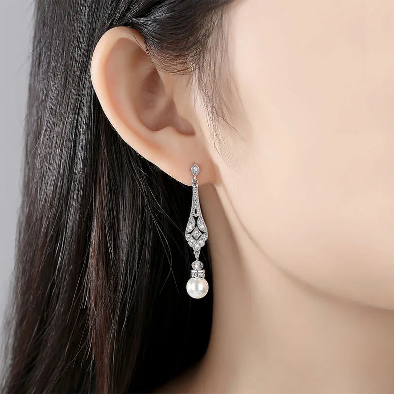 Pave Setting Fashion CZ Crystal Pearl Women Girls Earring AAA Grade Cubic Zircon Earring Bridal Wedding Dangle Earring