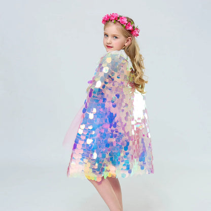 Novo Pequena Sereia Princesa Meninas Lantejoulas Capa Manto para Roupas de Festa na Praia Crianças Xale Arco-íris Cosplay Roupa de Natal