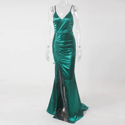 Vestido de Noite Longo Sereia Esmeralda Verde com Cordão Drapeado, Decote V, Fenda e Cetim Elástico para Festa de Casamento Madrinha