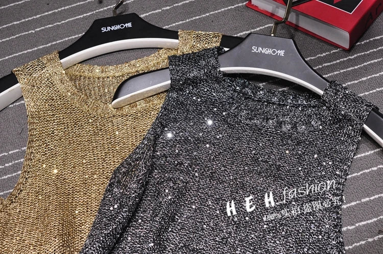 Sexy Shiny Gold Silver Knitted Tank Tops Women Bling Bling Sequined Tassels Knitted Vest  All Neon Store Clothes  Korean