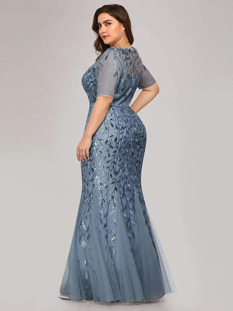 2023 Plus Size Sequin Mesh Mermaid Slim Evening Dress Beaded Leaves Pattern Formal  Women Elegant Party Prom Gowns Short Sleeve