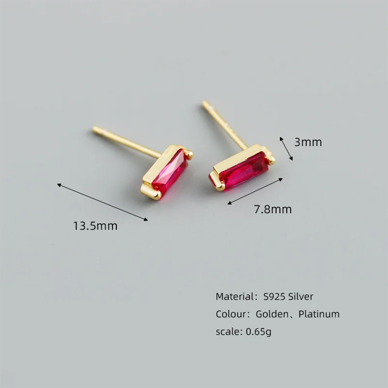 925 Sterling Silver Colorful Square Shiny Zircon Beads Piercing Stud Earrings for Women Fashion Gothic Exquisite Jewelry