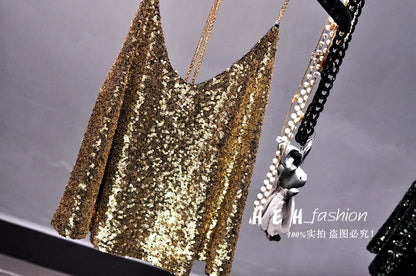 Sequins Condole Belt Vest, Women's Fashion Wear Tops 2023 Suumer Sexy Low-cut Loose T-shirts tank top  tops