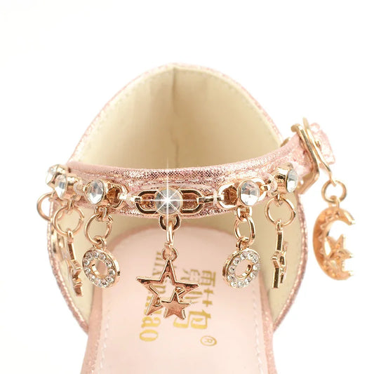 Girls Sandals Children Crystal Shoes 2023 Summer Kids Glitter Shoes High Heels Sequined Rhinestone Pendants Open Toes Princess