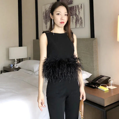 Black Patchwork Feathers Korean Fashion Shirt Top Women Round Neck Sleeveless Slim Tops Female 2021 Summer Clothing