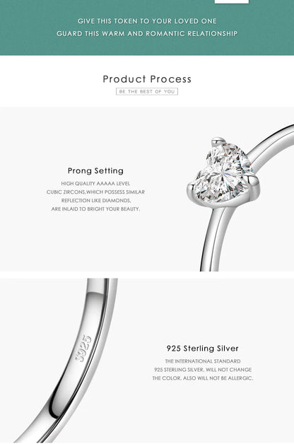 Authentic 925 Sterling Silver Simple Love Heart AAAAA Zirconia Sparkling Finger Ring For Women Female Wedding Jewelry