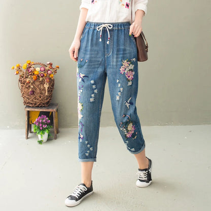Summer Women Vintage Floral Loose Denim Pants Chinese Style Casual Ripped Blue Jeans Holes Elastic Harem Trousers
