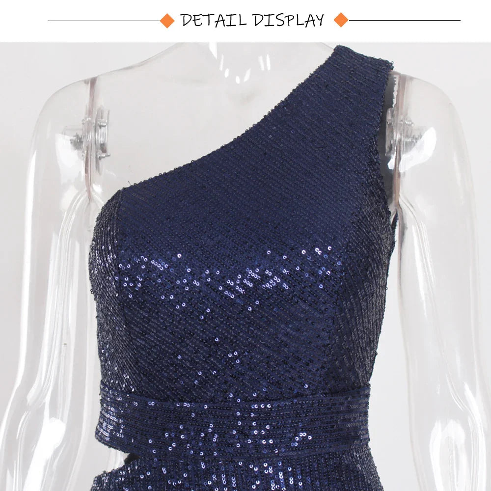 Vestido de Festa de Um Ombro Plissado Vazado com Fenda e Lantejoulas Sem Mangas para Mulheres Vestidos de Noite de Baile Verão 2025