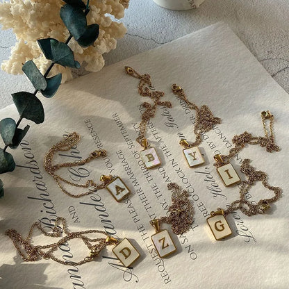 Minimalist Mother of Pearl Shell Stainless Steel Tarnish Free Initial Necklace Gold Plated Letter Necklace for Women