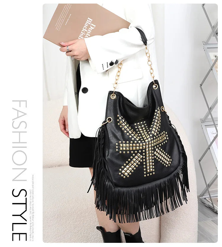 Fashion Rivet Crossbody Shoulder Bags For Women Brand Designer Large Capacity Ladies Handbags Long Tassel Female Messenger Bags