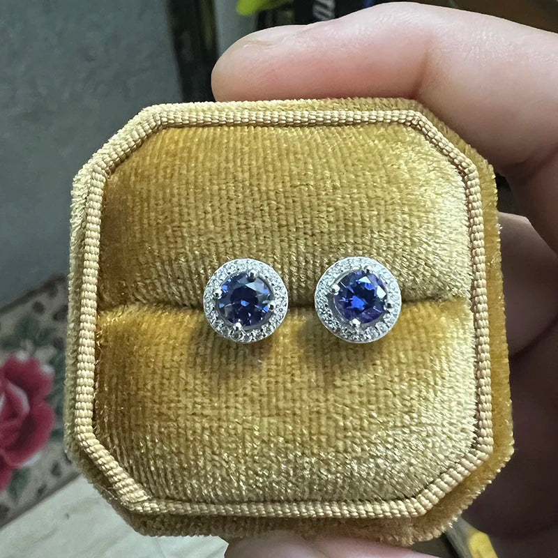 5mm Round Sapphire Halo Earrings for Women 100% 925 Sterling Silver Wedding Stud Earrings Fine Jewelry Plated White Gold Gift