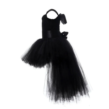 Vestido Tutu Rosa e Preto para Meninas, Vestido de Tule com Cauda e Decote V para Festa de Aniversário, Vestido de Baile para Meninas, Fantasias de Halloween Infantis