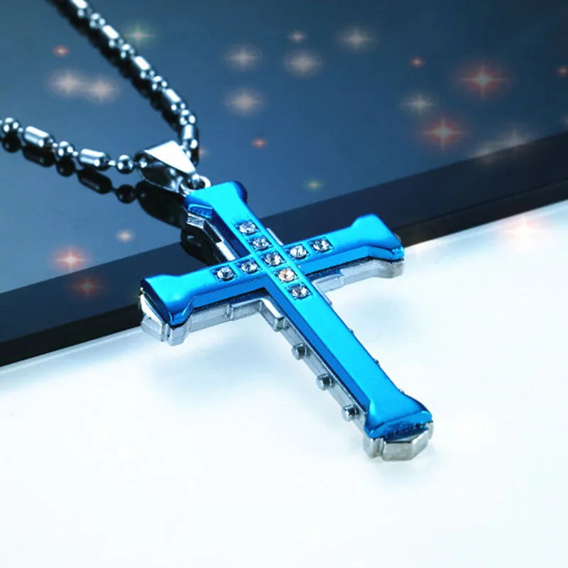 Male Crystal Cross Jesus Pendant Gold/Black/Blue Color Zirconia Necklace Stainless Steel Jewelry