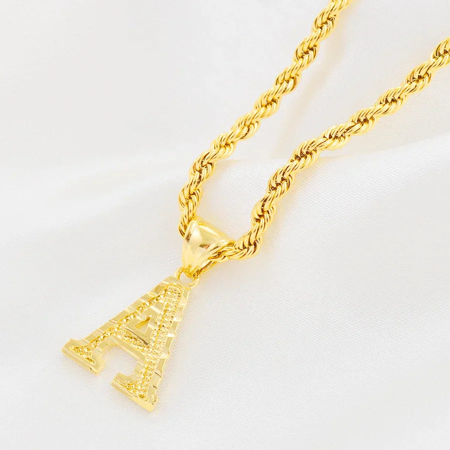 A-Z Letters Necklaces Women Men Gold Plated Initial Pendant Rope Chain English Letter Jewelry Alphabet African #058002B