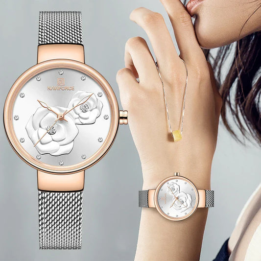 Women Watch NAVIFORCE Top Luxury Brand Steel Mesh Waterproof Ladies Watches Flower Quartz Female Wristwatch Charming Girl Clock