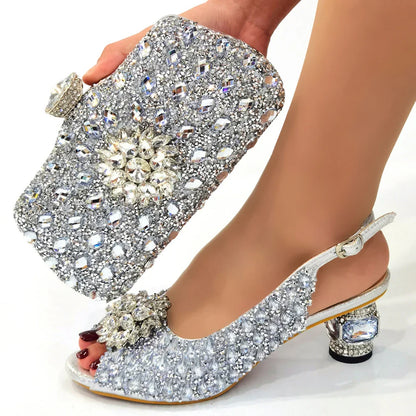 Silver Color Nigerian Women's Shoes and Bags Party  African Fashion Shoes and Bags Wedding Shoes and Bags