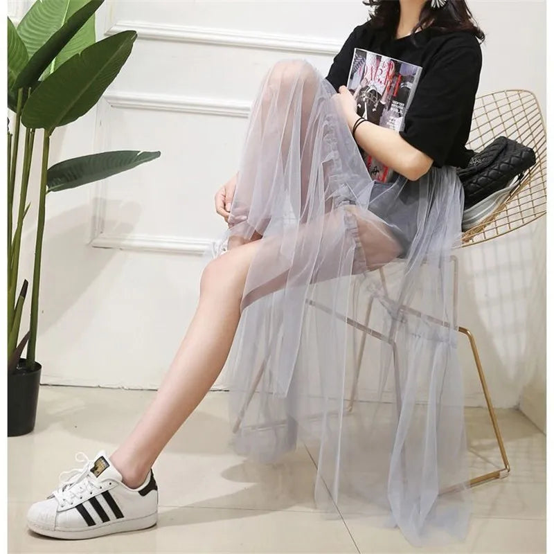 2020 Women Sexy Mesh Transparent Long Tulle Skirt Korean Fashion Summer Ladies Elastic High Waist Black White Beach Midi Skirt