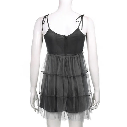 Dark Gothic Elegant Dress Women Emo Alt Vintage Mesh Patchwork Lace Up High Waist Dress Y2k Harajuku Mall Goth Partywear