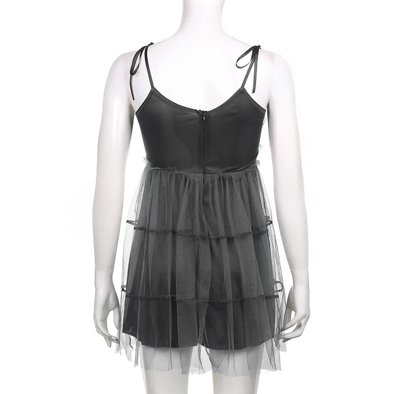 Dark Gothic Elegant Dress Women Emo Alt Vintage Mesh Patchwork Lace Up High Waist Dress Y2k Harajuku Mall Goth Partywear