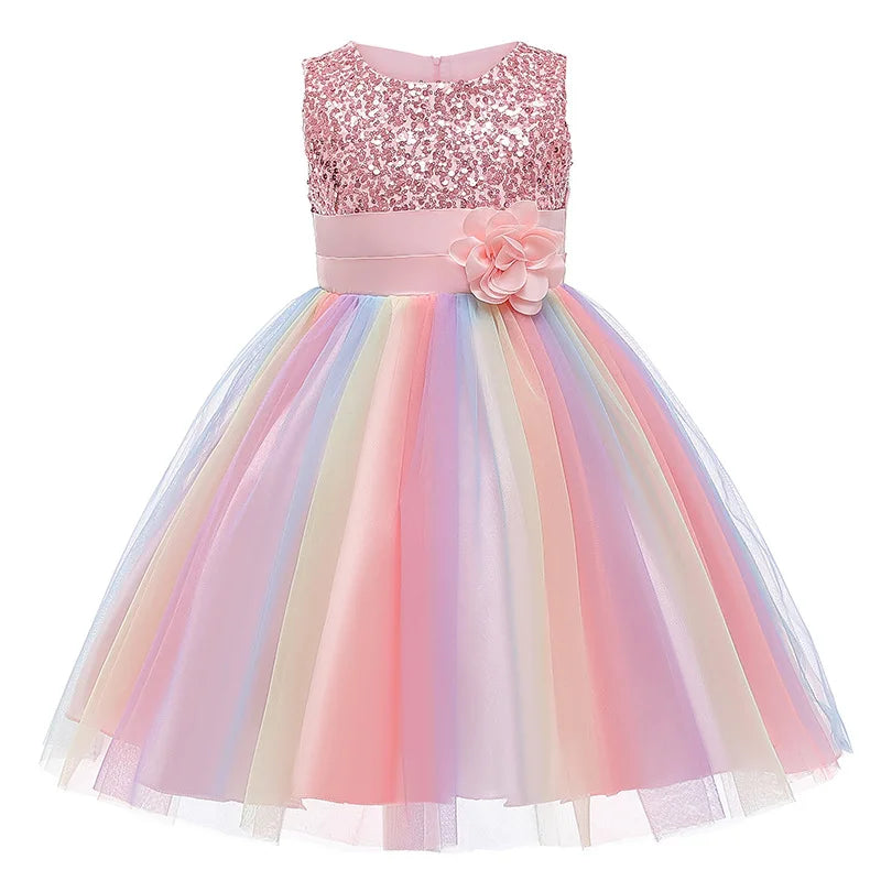 3-12T Sequins Girls  Perform Prom Dress Rainbow Little Princess Piano Banquet Formal Gala Clothes Wedding Sequins Evening Dress