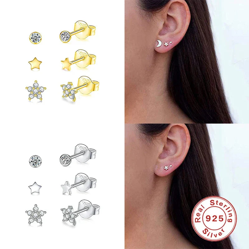 3pcs/set Bling Zircon Earring 925 Sterling Silver Cute Mini Heart Star Stud Earrings Ear Bone Earlobe Piercing Jewerly