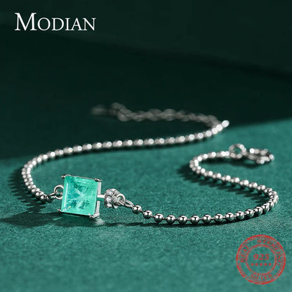 Modian 2021 New Real 925 Sterling Silver Luxury Square Tourmaline Beads Chain Bracelet For Women Paraiba Fine Statement Jewelry