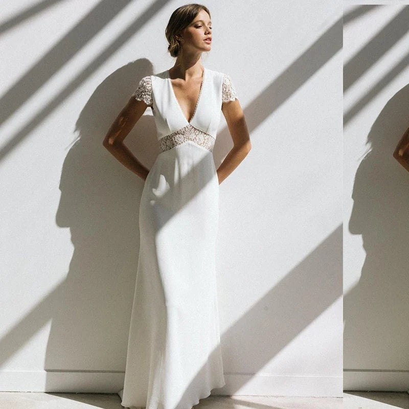 Vintage Boho Wedding Dress Short Sleeve Mermaid Backless Lace Sweep Train Stunning Charming Women Vesditos De Novia Customized