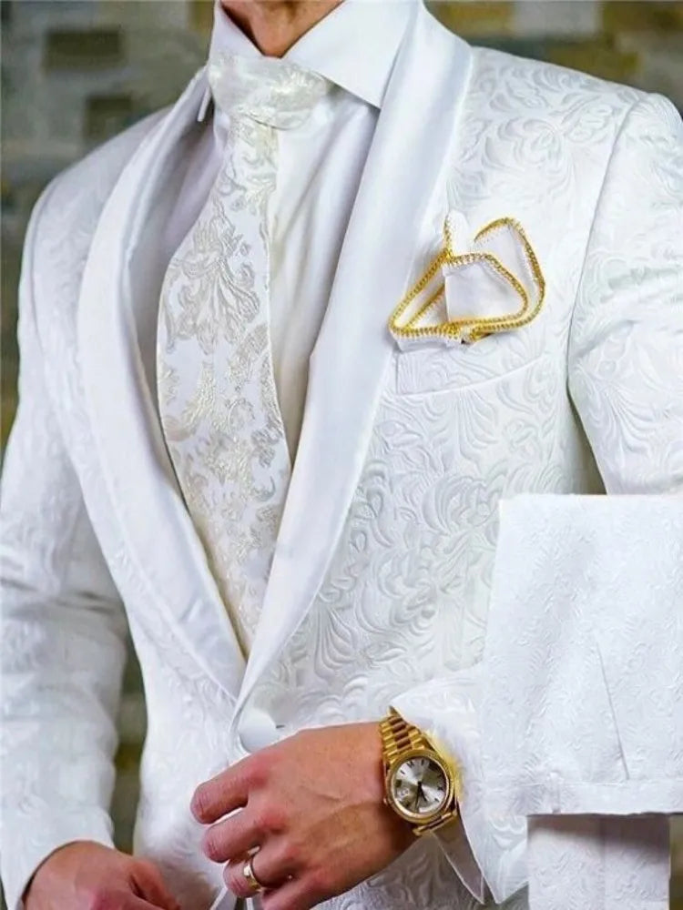 White Pattern Groom Tuxedos Shawl Satin Lapel Men Suits 2 Pieces Wedding Bridegroom ( Jacket + Pants + Tie  ) D201