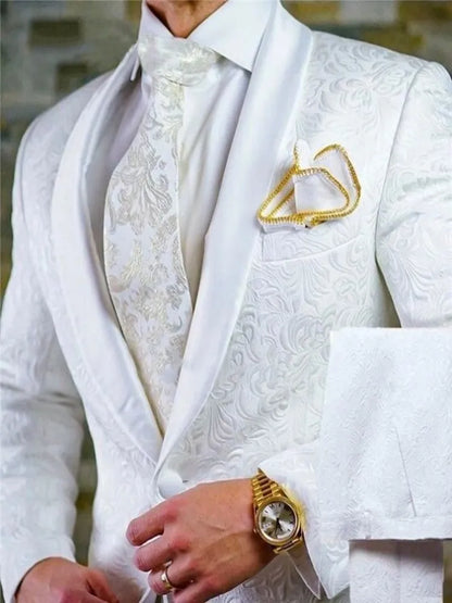 White Pattern Groom Tuxedos Shawl Satin Lapel Men Suits 2 Pieces Wedding Bridegroom ( Jacket + Pants + Tie  ) D201