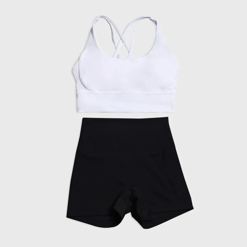 SOISOU Gym Womens Clothing Shorts Sets Yoga Women's Tracksuit Sexy Bra High Waist Short Sportwear Elastic Set Woman 2 Pieces