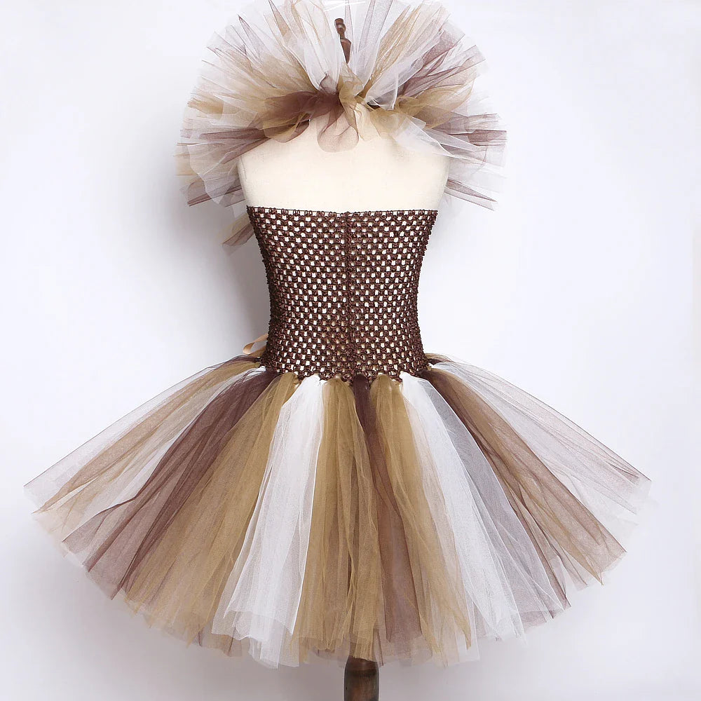 Brown Jungle Lion Costume for Baby Girls Animal Party Fancy Tutu Dress for Kids Halloween Christmas Tulles Outfit with Hairs Bow