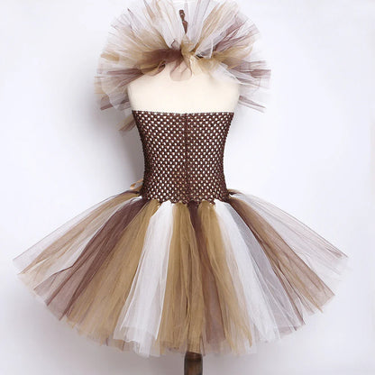 Brown Jungle Lion Costume for Baby Girls Animal Party Fancy Tutu Dress for Kids Halloween Christmas Tulles Outfit with Hairs Bow
