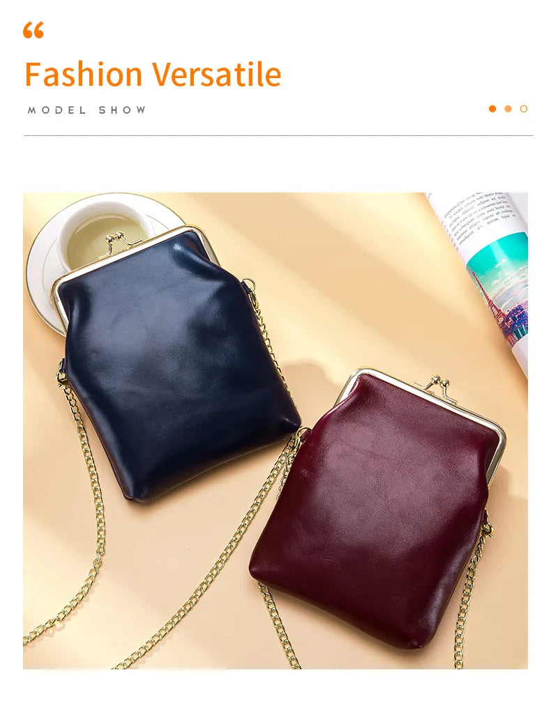 Vintage Genuine Leather Women Clip Bags Small Chain Crossbody Bag Fashion Kiss Lock Phone Bags High Quality Daily Purse Bag