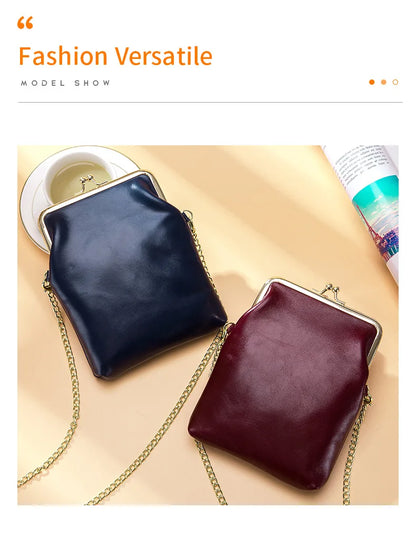 Vintage Genuine Leather Women Clip Bags Small Chain Crossbody Bag Fashion Kiss Lock Phone Bags High Quality Daily Purse Bag