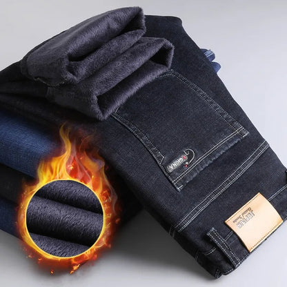 Winter New Men's Warm Blue Black Slim Jeans Classic Style Stretch Slim Fit Thick Pants Fashion Trousers Male Brand