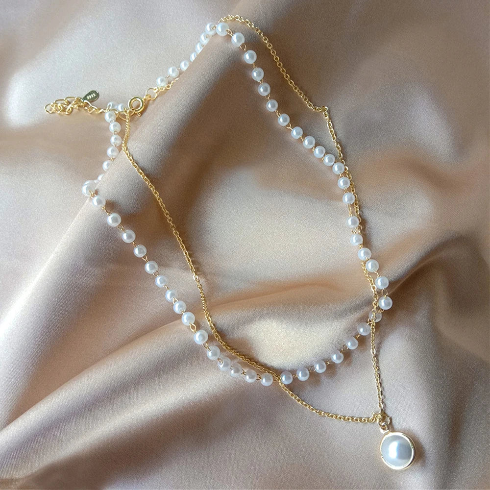 Fashion Kpop Pearl Choker Necklace Cute Double Layer Chain Pendant For Women Jewelry Girl Gift