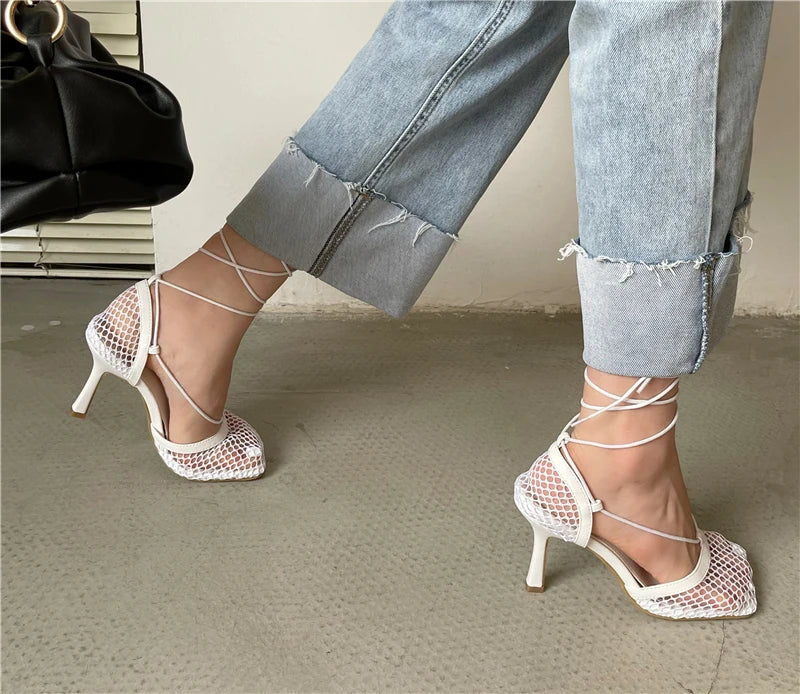 2026 Stiletto Heels Mesh Fashion Sandals Square Toe Cross-Tied Shallow Concise Party Rome Solid Summer Shoes for Women