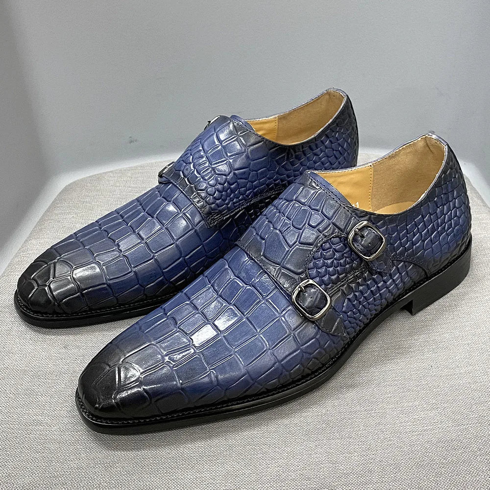 Men's Luxury Italian Real Leather Pointed Toe Double Buckle Formal Business Black Shoes Alligator Print for Business Casual Wear