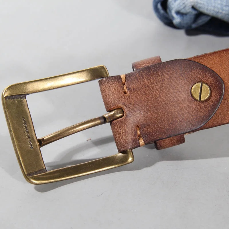 Luxury Handmade Leather Copper Buckle Man's Belt Cinturon Gotico Cowhide Retro All-match Casual Jeans Soft Belt ABC