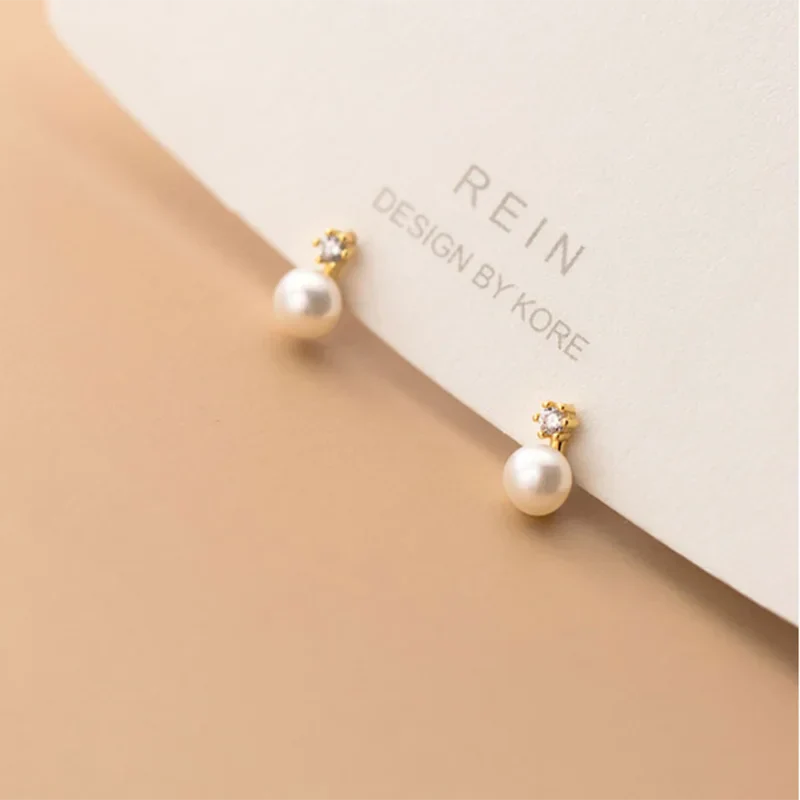 Genuine 925 Sterling Silver Geometric Zircon Pearl Mini Small Stud Earrings for Women Chic Charming Korean Jewelry 2021