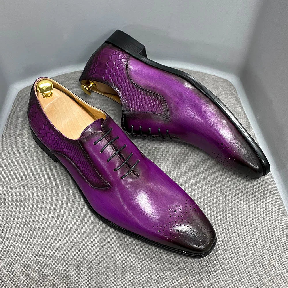 Luxury Men's Genuine Leather Oxford Shoes Snake Skin Print Black/Purple Lace-Up Square Toe Formal Dress Shoes