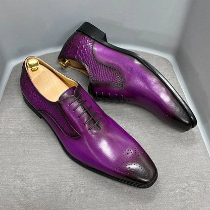 Luxury Men's Genuine Leather Oxford Shoes Snake Skin Print Black/Purple Lace-Up Square Toe Formal Dress Shoes
