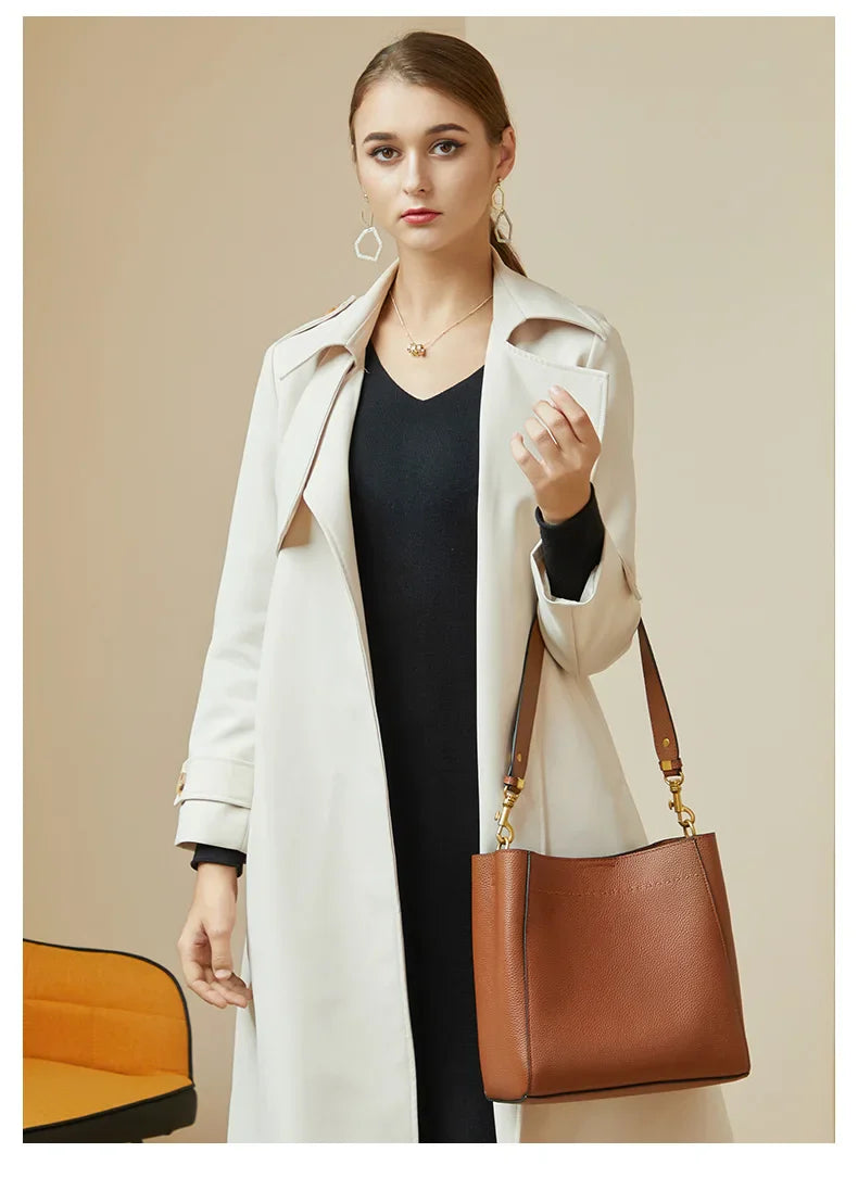 Genuine Leather Casual Shopper Shoulder Bag Commuter Large Bucket Handbag Simple High Quality Women Tote Underarm Bags