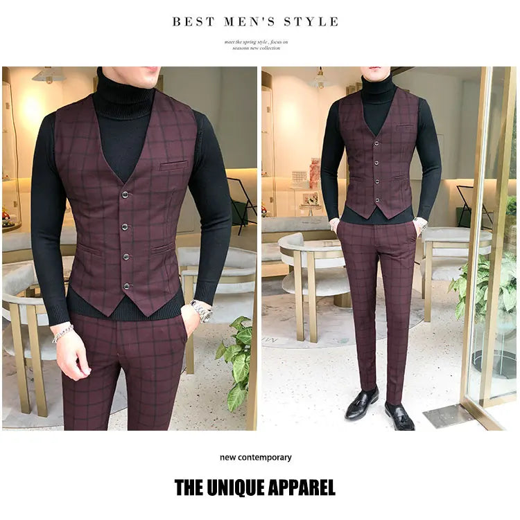 Blazer and Vest and Pants / Boutique Fashion Plaid Men's Casual Business Suit 3pcs Set Groom Wedding Dress Performance Costume