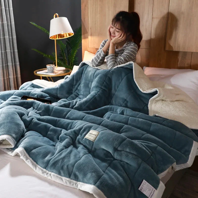 Super Soft Warm Throw Blanket Three-Layer Thick Velvet Solid Color Bedspread Coral Fleece Home Throws Adult Bed Cover Winter
