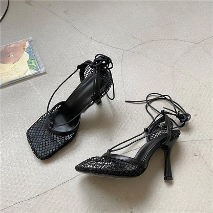 White Hollow Mesh Woman Pumps Sandals Square Toe High Heel Ankle Lace Up Cross-tied Party Dress Female Shoes