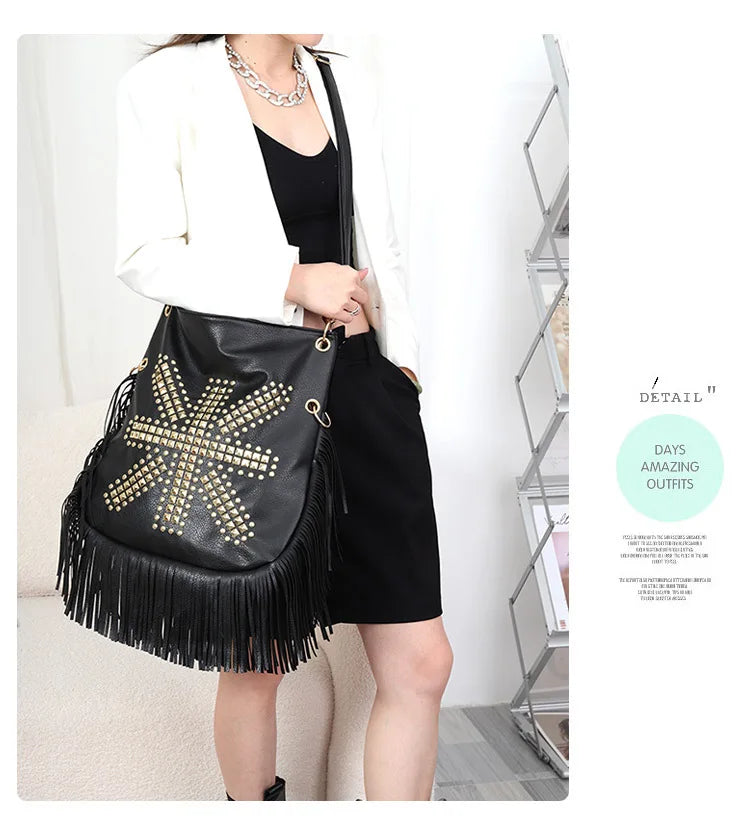 Fashion Rivet Crossbody Shoulder Bags For Women Brand Designer Large Capacity Ladies Handbags Long Tassel Female Messenger Bags