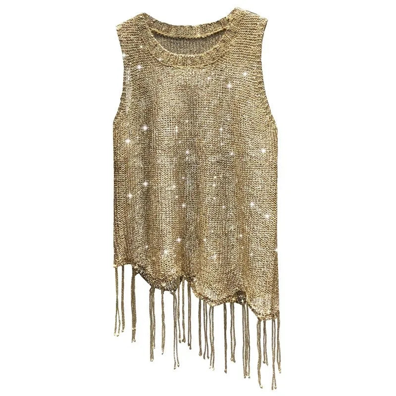 Sexy Shiny Gold Silver Knitted Tank Tops Women Bling Bling Sequined Tassels Knitted Vest  All Neon Store Clothes  Korean