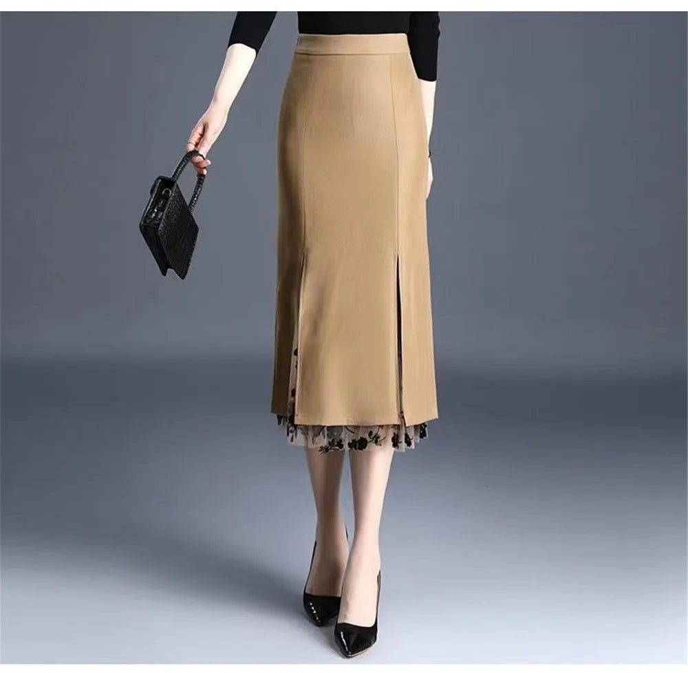 2026 Women Spring Summer Irregular Mesh Skirt Band Splice High Waist Skirt Knee Khaki Split Office Lady Skirt